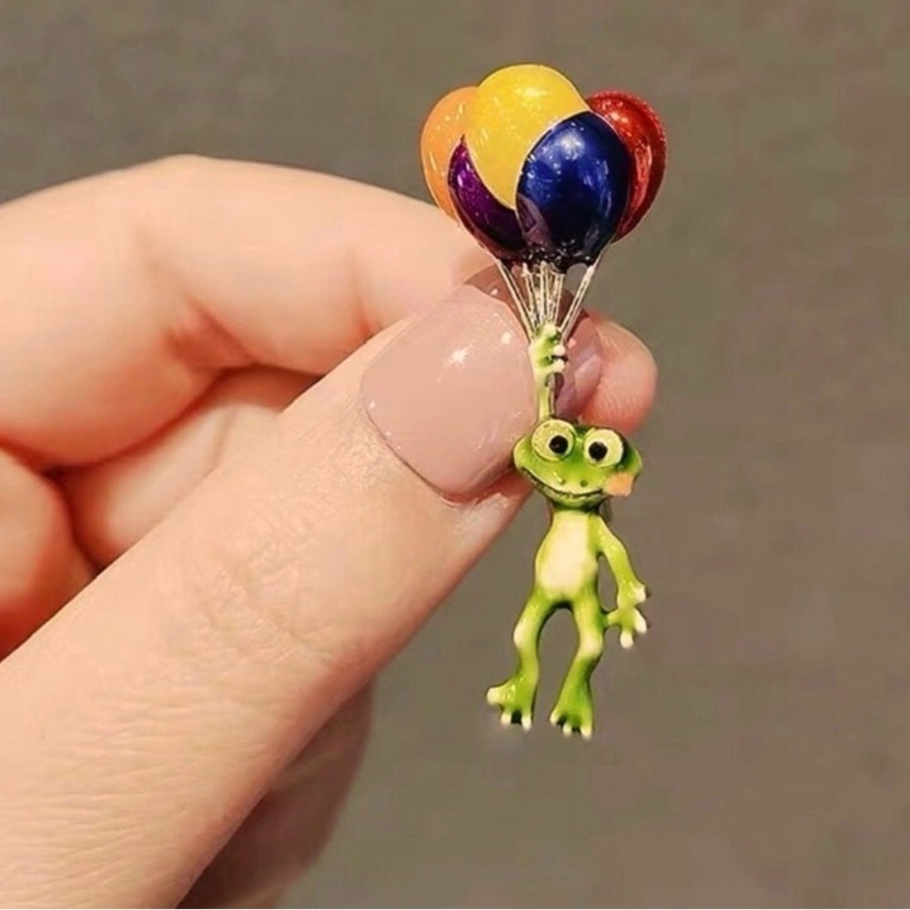 Cute Green Frog with Colorful Balloons Pin
